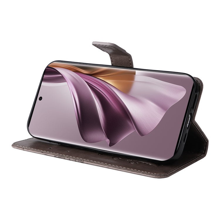 KT Imprinting Flower Series-2 For Oppo Reno10 5G (Global) / Reno10 Pro 5G (Global) Wallet Phone Case Imprinted Butterfly Leather Stand Cover - Grey