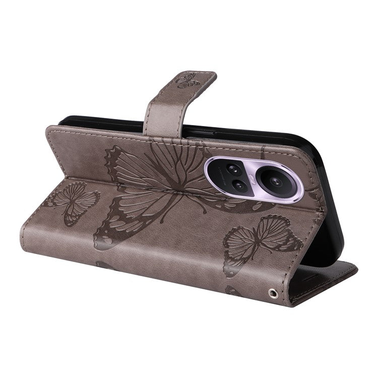 KT Imprinting Flower Series-2 For Oppo Reno10 5G (Global) / Reno10 Pro 5G (Global) Wallet Phone Case Imprinted Butterfly Leather Stand Cover - Grey