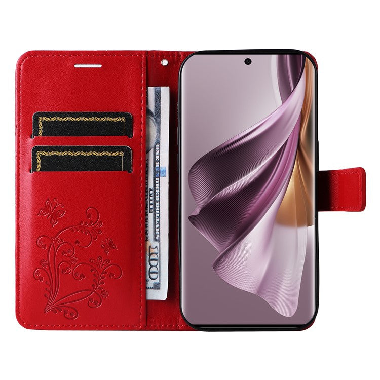 KT Imprinting Flower Series-2 For Oppo Reno10 5G (Global) / Reno10 Pro 5G (Global) Wallet Phone Case Imprinted Butterfly Leather Stand Cover - Red