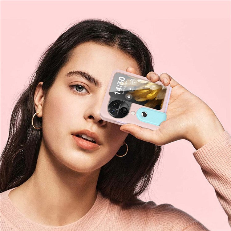 PU+PC Phone Case for Oppo Find N3 Flip 5G Dual Color Design Wristband Kickstand Phone Cover - Sky Blue+Light Purple