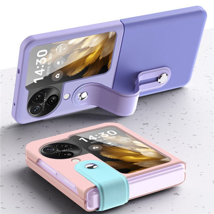 PU+PC Phone Case for Oppo Find N3 Flip 5G Dual Color Design Wristband Kickstand Phone Cover - Black+Navy Blue