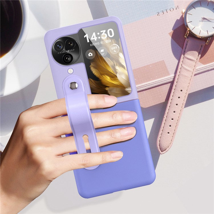 PU+PC Phone Case for Oppo Find N3 Flip 5G Dual Color Design Wristband Kickstand Phone Cover - Black+Navy Blue