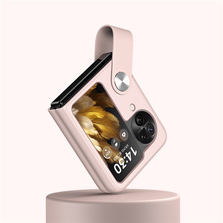 Shockproof PU+PC Slim Case for Oppo Find N3 Flip 5G Finger Strap Kickstand Phone Cover - Pink