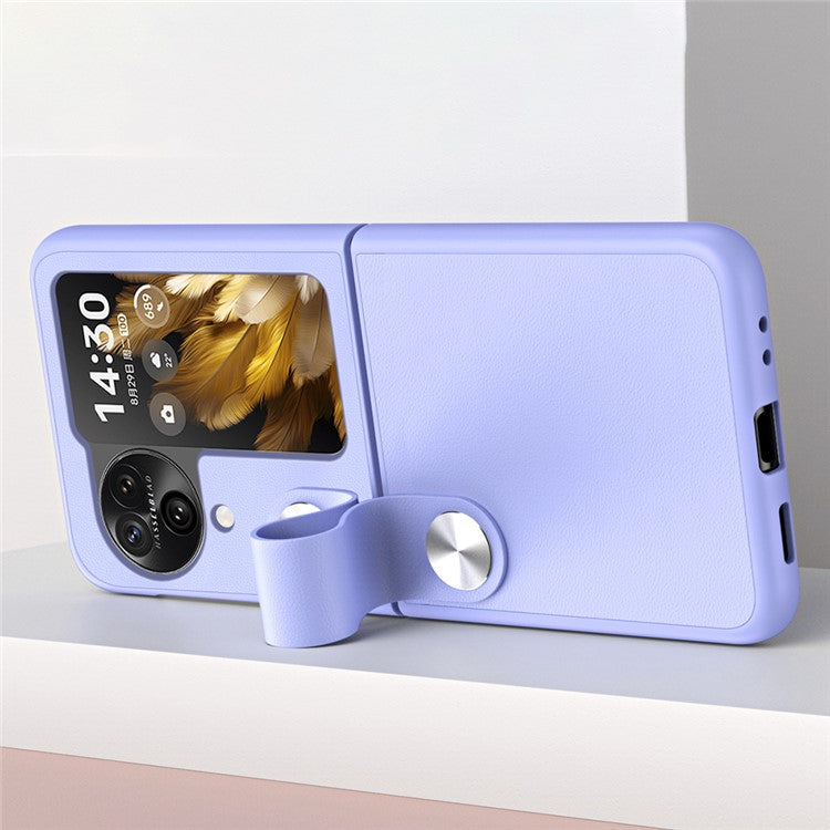 Shockproof PU+PC Slim Case for Oppo Find N3 Flip 5G Finger Strap Kickstand Phone Cover - Pink