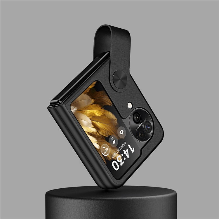 Shockproof PU+PC Slim Case for Oppo Find N3 Flip 5G Finger Strap Kickstand Phone Cover - Black