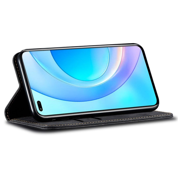 Wallet Case for Honor X8 5G / X6 4G / X6s 4G / 70 Lite 5G / Play 30M Jeans Cloth Texture Stand Leather Phone Cover - Black