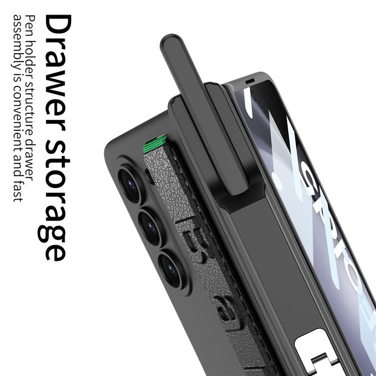 GKK For Samsung Galaxy Z Fold5 5G Case Pen Holder Wrist Strap PC Phone Cover with Front Screen Film - Green