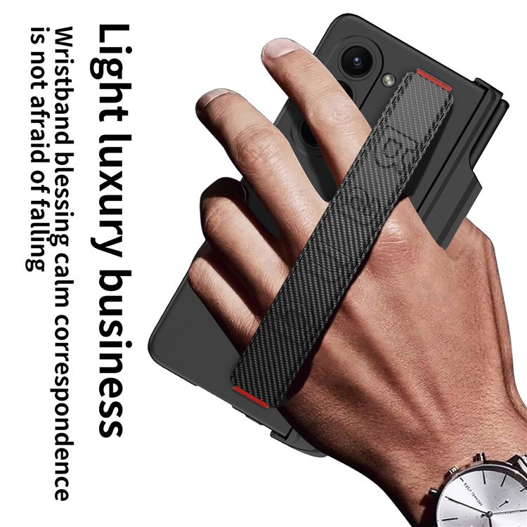 GKK For Samsung Galaxy Z Fold5 5G Case PC Wristband Phone Cover with Screen Film / Pen Holder - Carbon Fiber Texture
