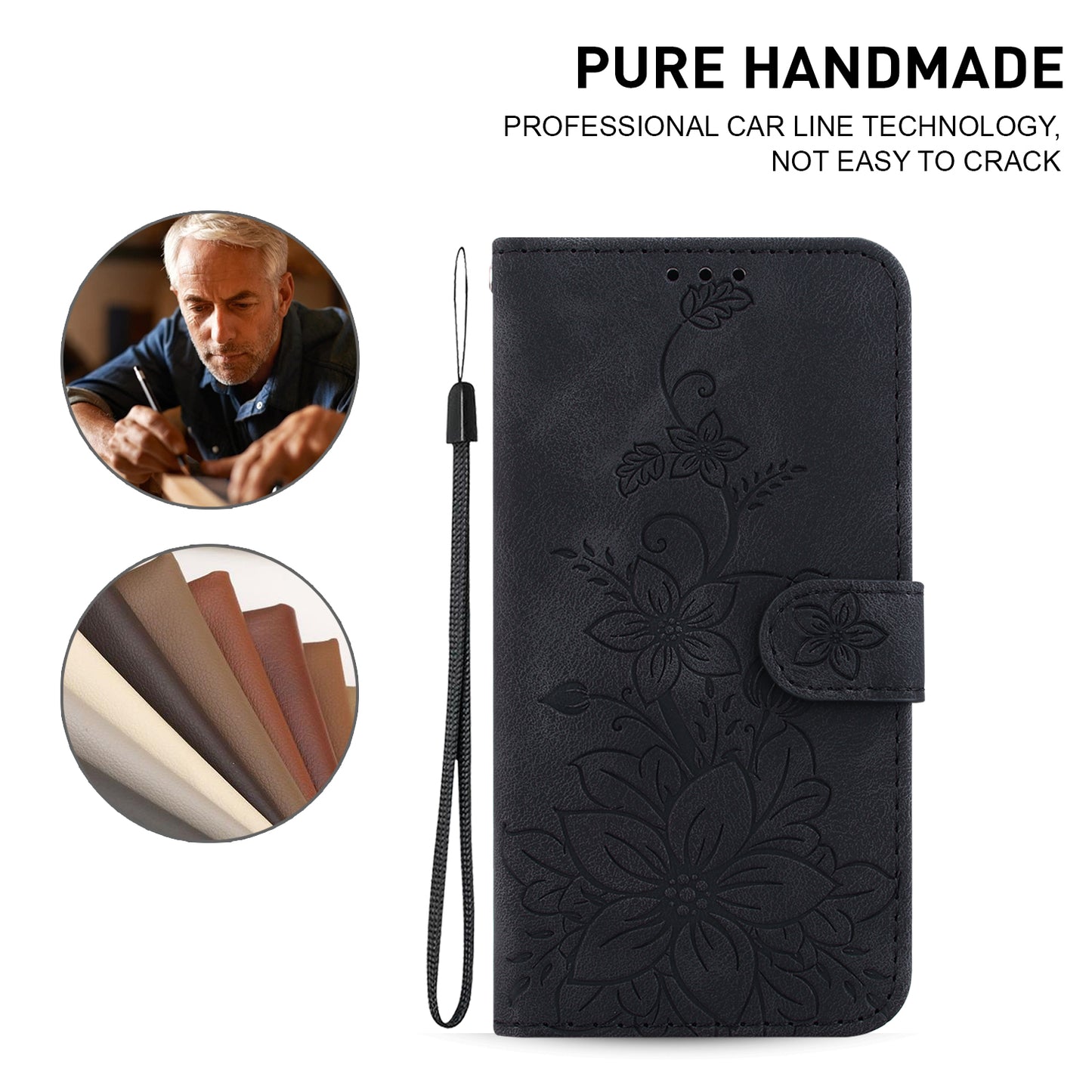 For Samsung Galaxy M34 5G / F34 5G Leather Wallet Case Stand Imprinted Lily Flower Phone Cover - Black