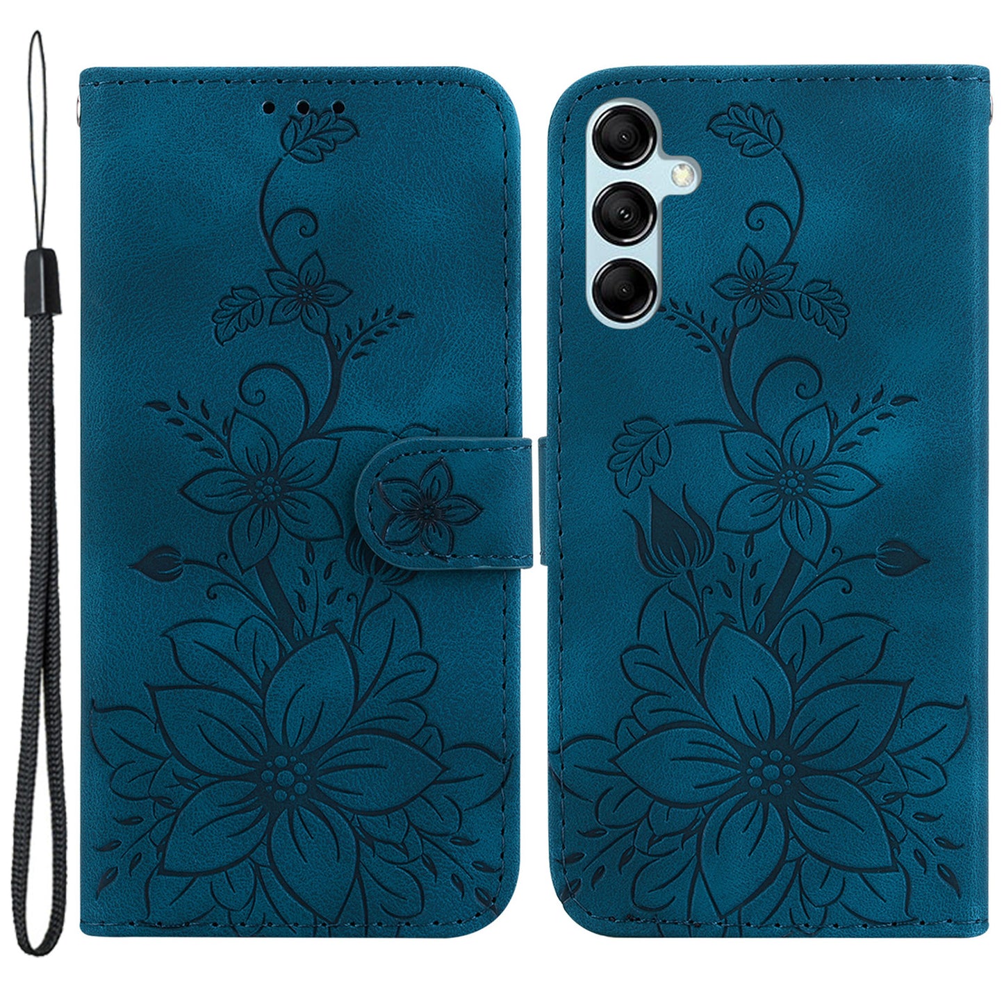 For Samsung Galaxy M34 5G / F34 5G Leather Wallet Case Stand Imprinted Lily Flower Phone Cover - Dark Blue