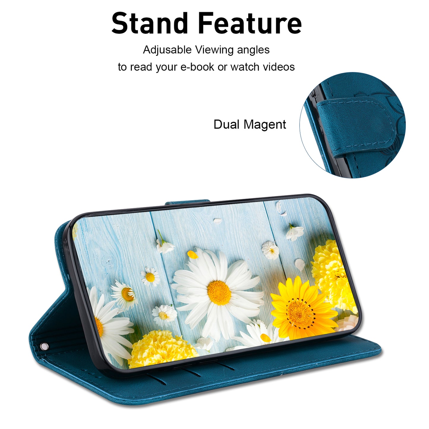 For Samsung Galaxy M34 5G / F34 5G Leather Wallet Case Stand Imprinted Lily Flower Phone Cover - Dark Blue