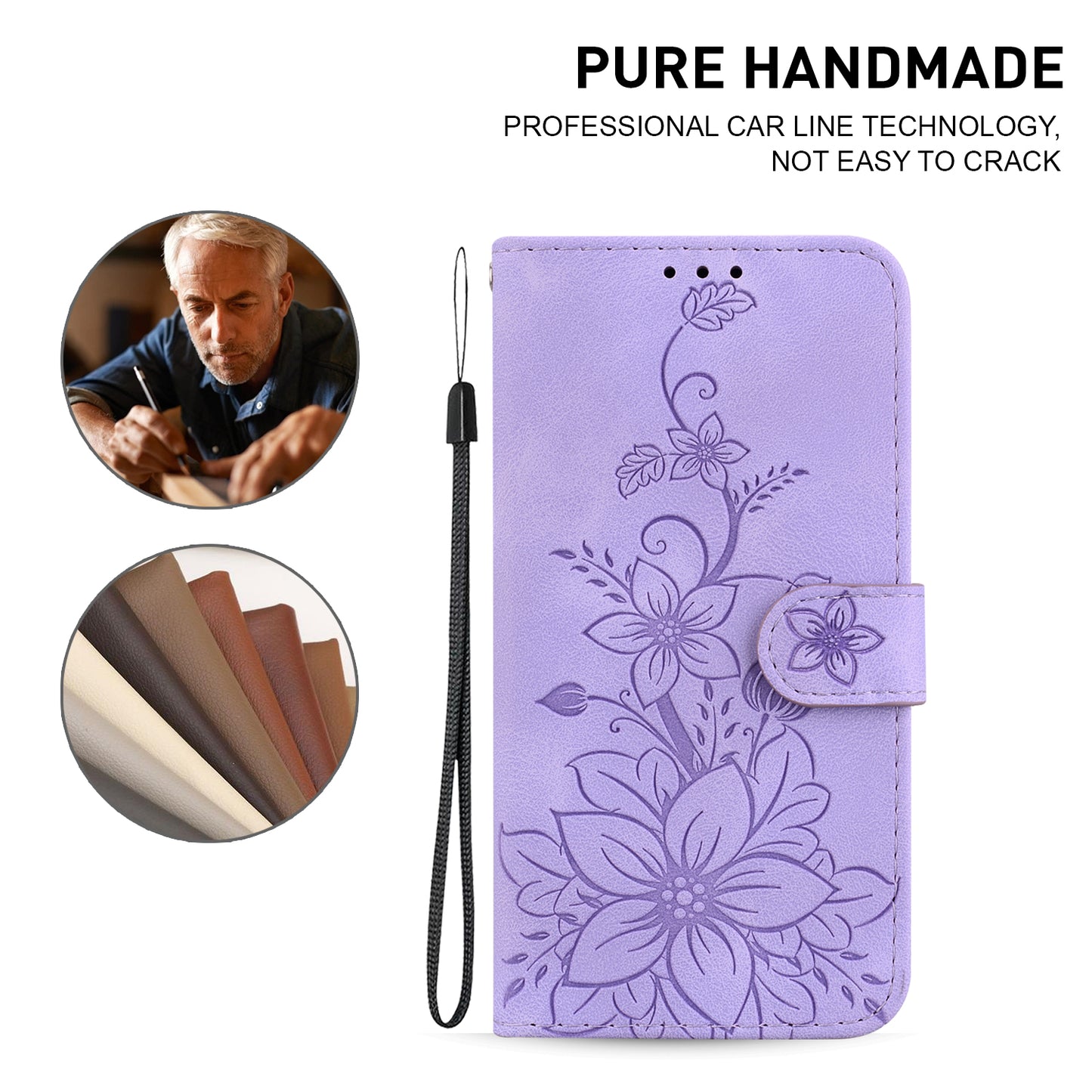 For Samsung Galaxy M34 5G / F34 5G Leather Wallet Case Stand Imprinted Lily Flower Phone Cover - Purple
