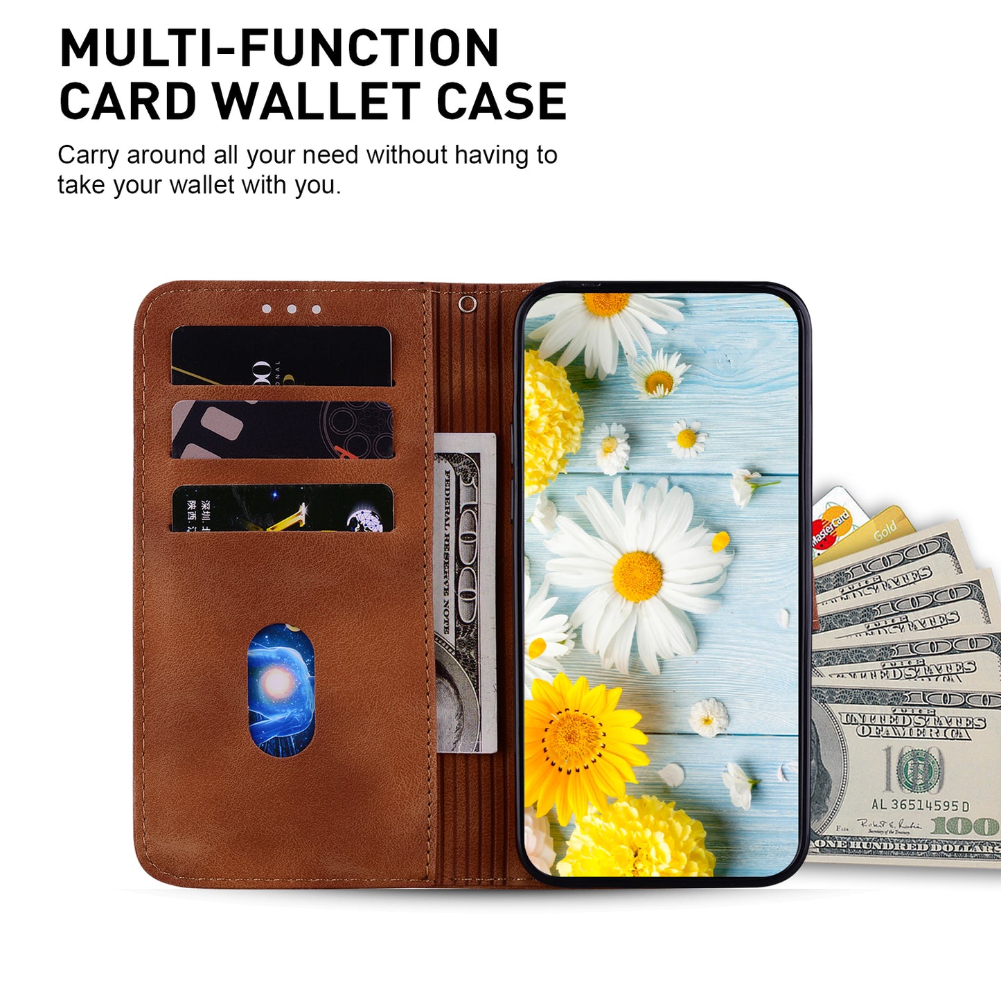 For Samsung Galaxy M34 5G / F34 5G Leather Wallet Case Stand Imprinted Lily Flower Phone Cover - Brown