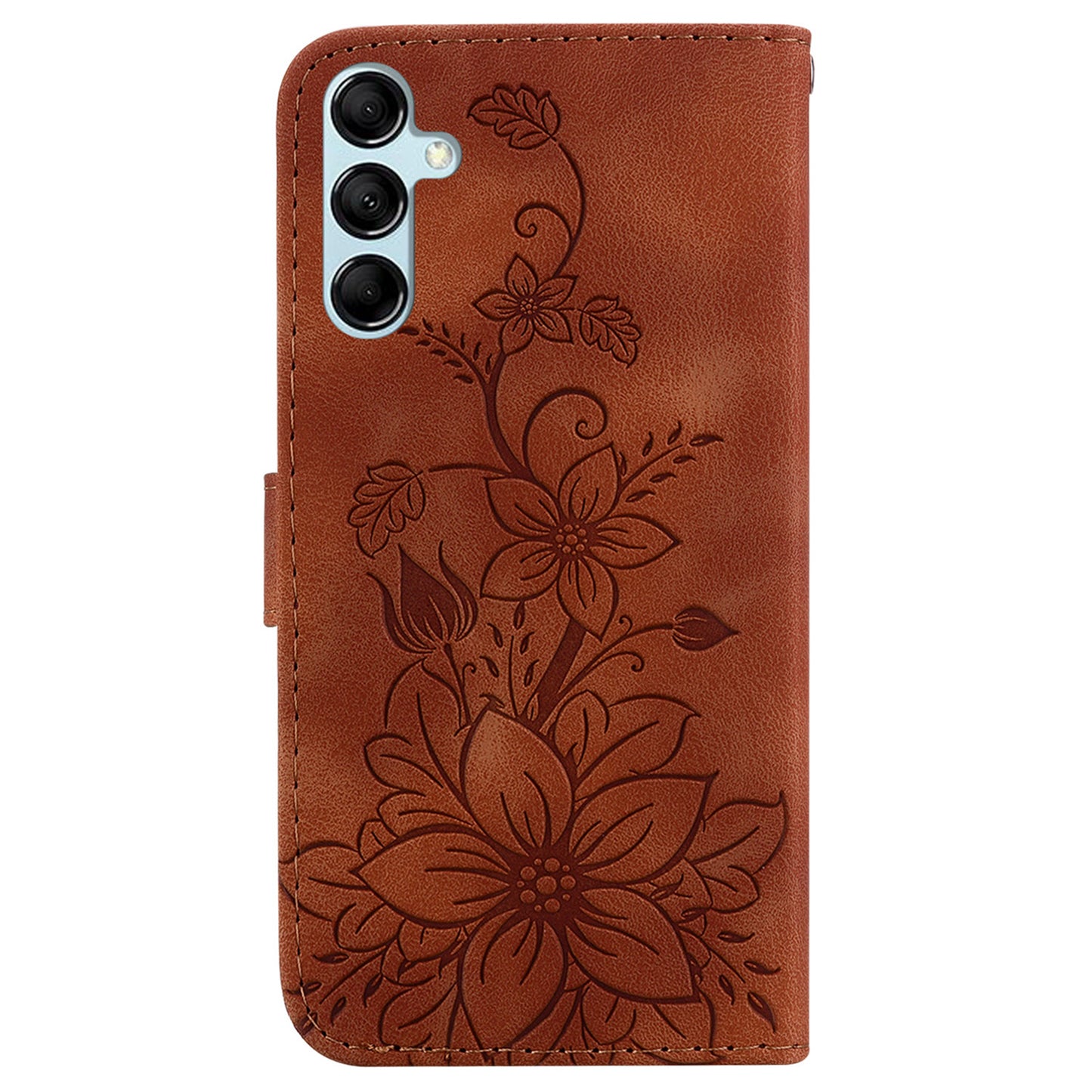 For Samsung Galaxy M34 5G / F34 5G Leather Wallet Case Stand Imprinted Lily Flower Phone Cover - Brown