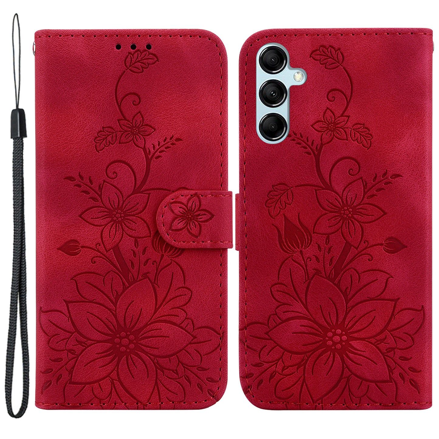 For Samsung Galaxy M34 5G / F34 5G Leather Wallet Case Stand Imprinted Lily Flower Phone Cover - Red