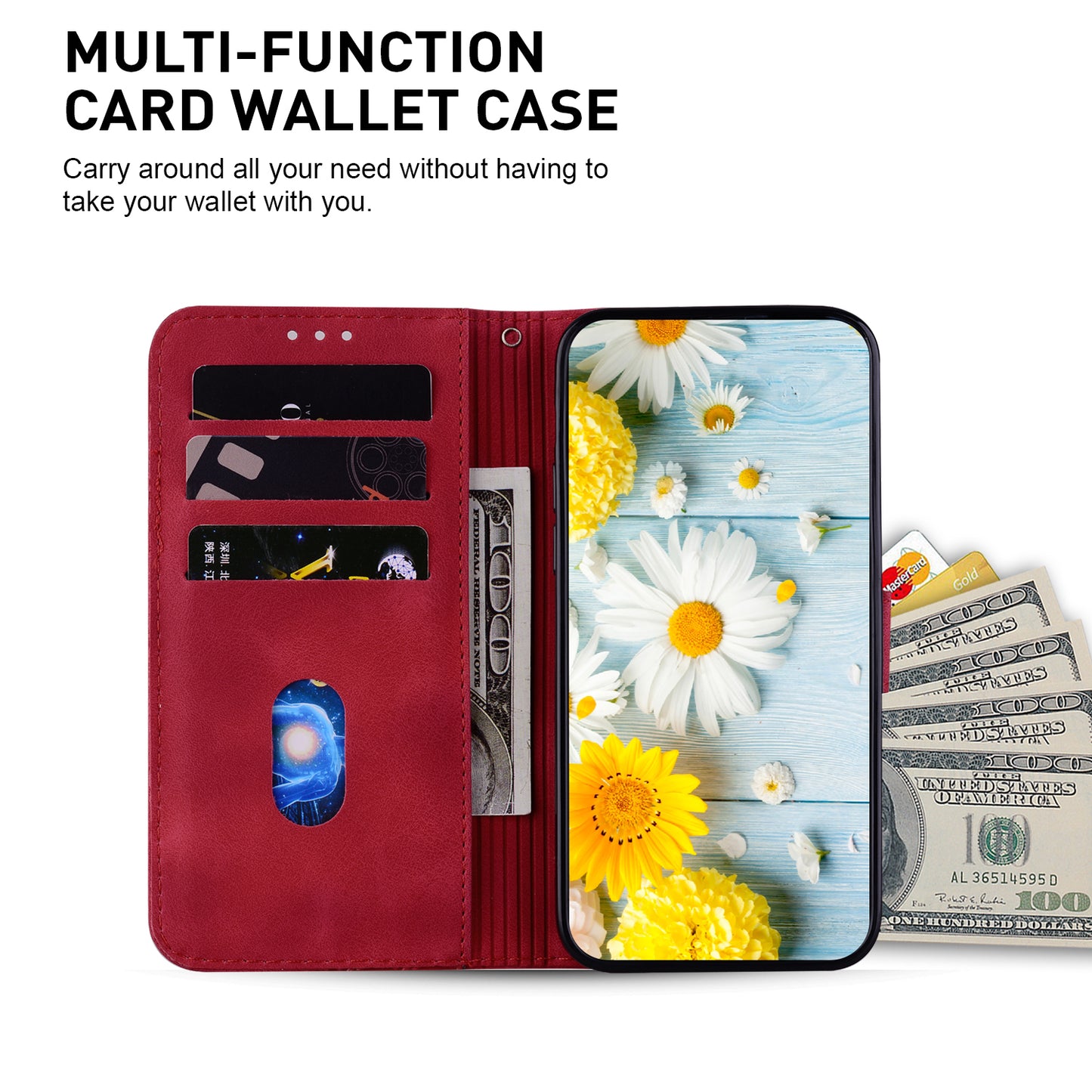 For Samsung Galaxy M34 5G / F34 5G Leather Wallet Case Stand Imprinted Lily Flower Phone Cover - Red