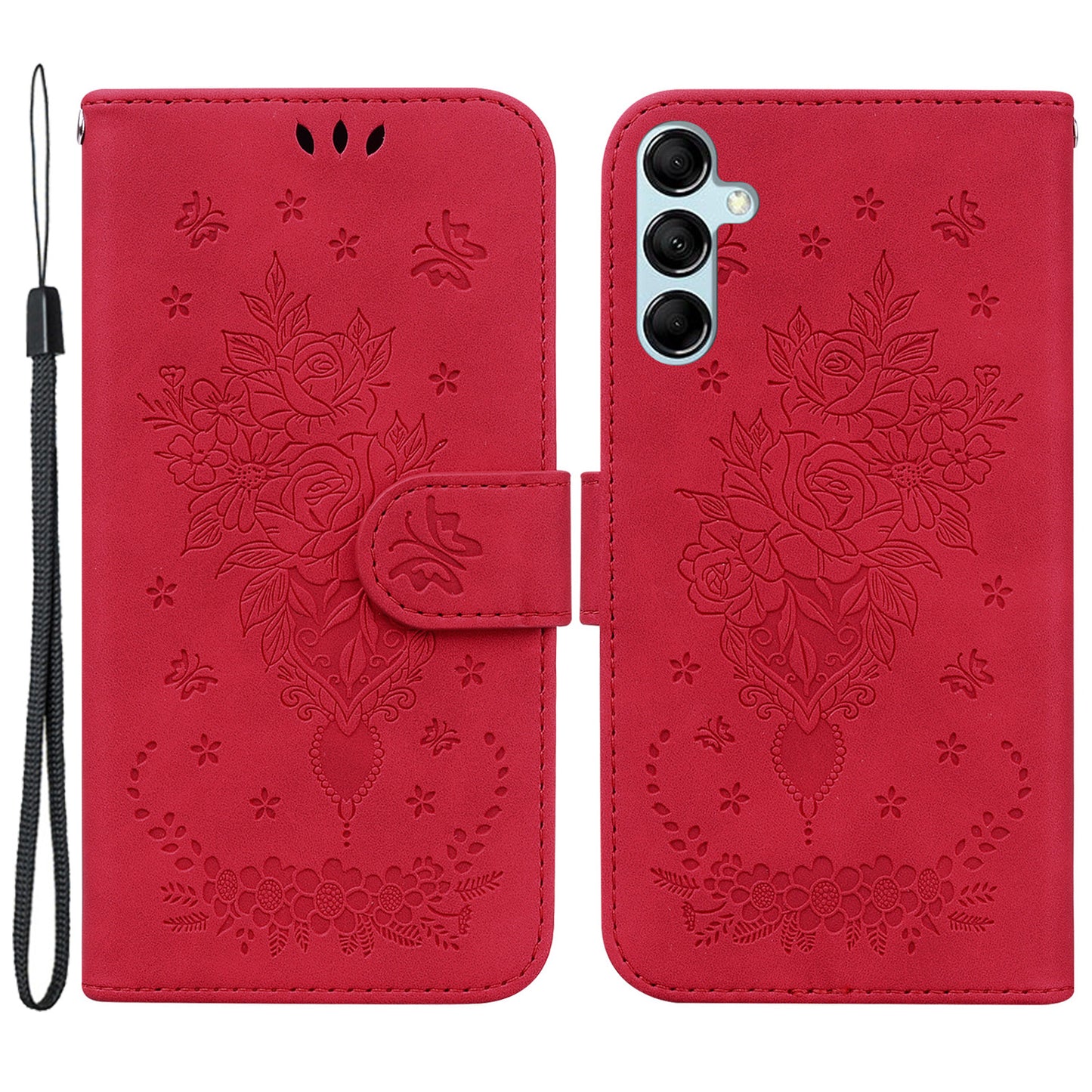 For Samsung Galaxy M34 5G / F34 5G Rose Butterfly Imprint Phone Case Leather Wallet Stand Cover - Red