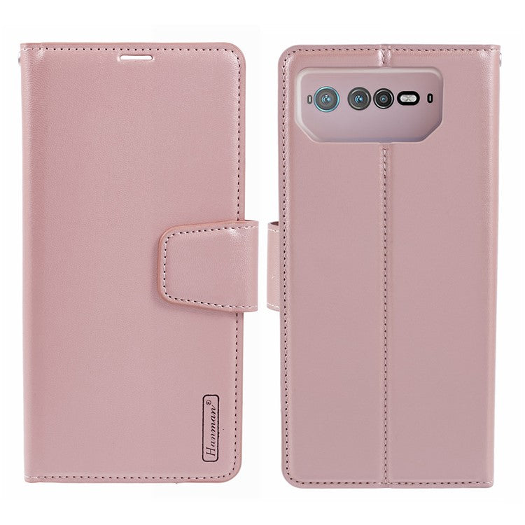 HANMAN Mill Series for Asus ROG Phone 6 5G / ROG Phone 6 Pro 5G Case Anti-drop Phone Cover Wallet PU Leather Shell - Rose Gold