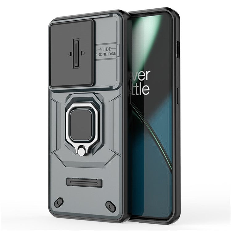 For OnePlus 11 5G Case Slide Lens Shield Ring Kickstand PC+TPU Phone Cover - Grey