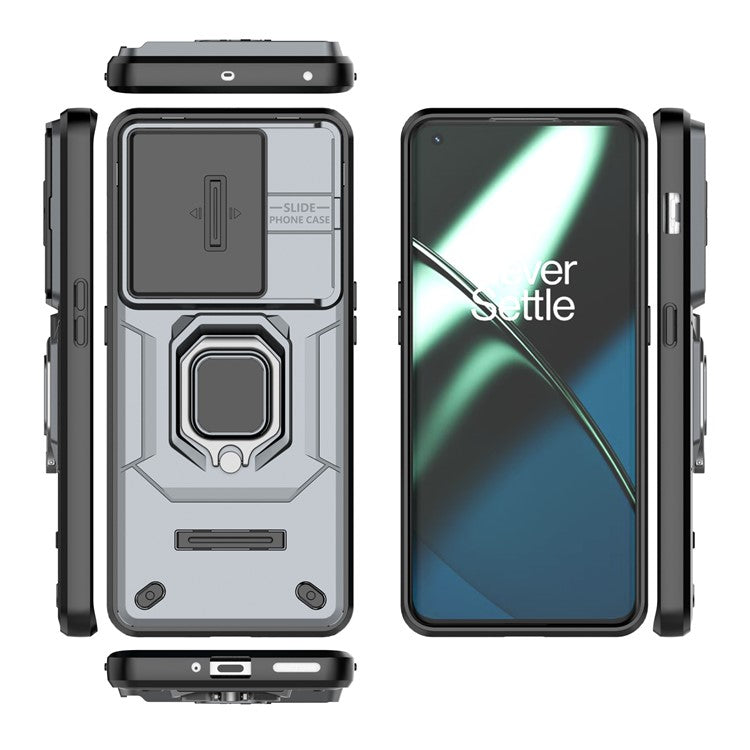 For OnePlus 11 5G Case Slide Lens Shield Ring Kickstand PC+TPU Phone Cover - Grey