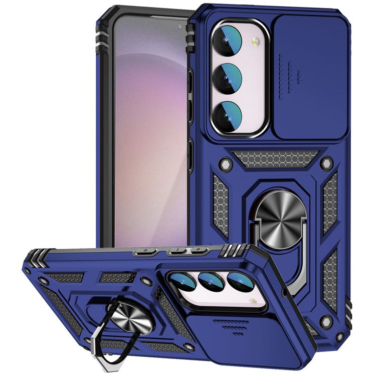 For Samsung Galaxy S23 FE Case Slide Camera Lid PC+TPU Cellphone Cover with Ring Kickstand - Blue