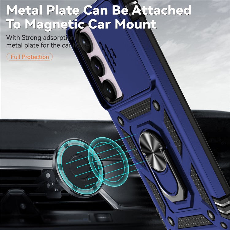 For Samsung Galaxy S23 FE Case Slide Camera Lid PC+TPU Cellphone Cover with Ring Kickstand - Blue