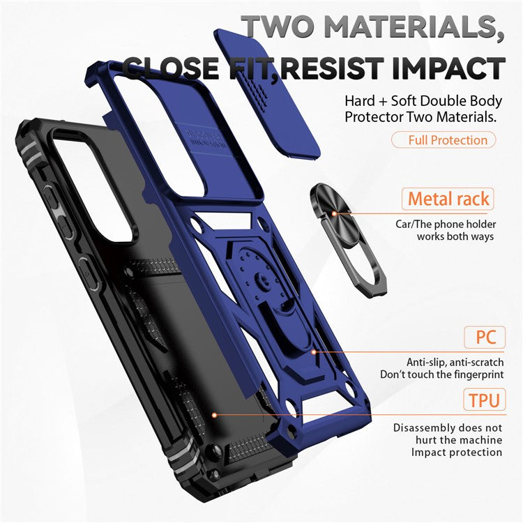 For Samsung Galaxy S23 FE Case Slide Camera Lid PC+TPU Cellphone Cover with Ring Kickstand - Blue