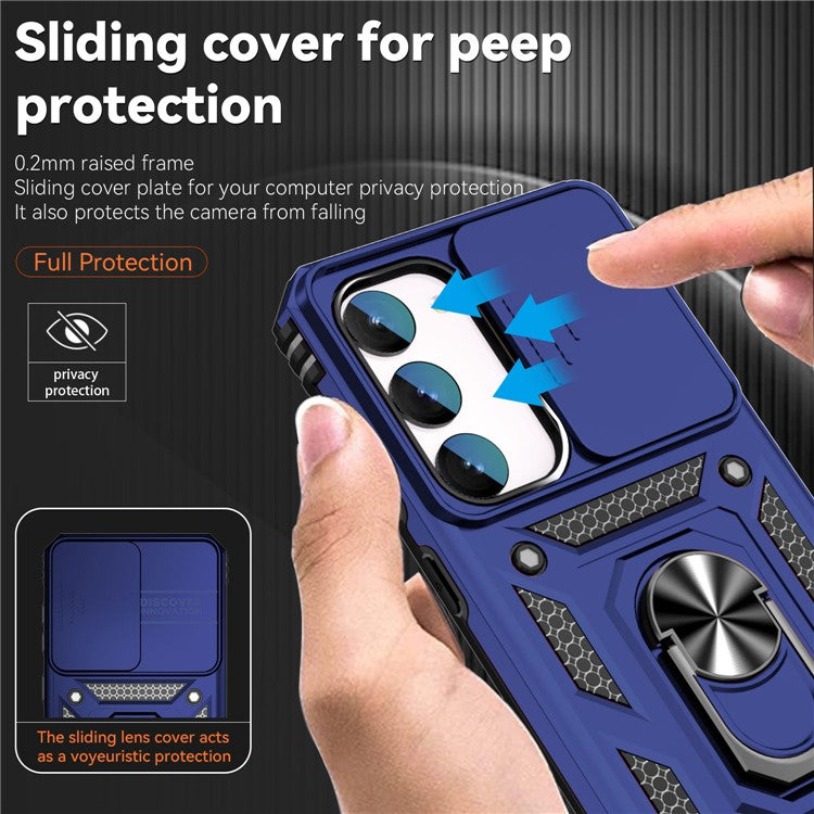 For Samsung Galaxy S23 FE Case Slide Camera Lid PC+TPU Cellphone Cover with Ring Kickstand - Blue