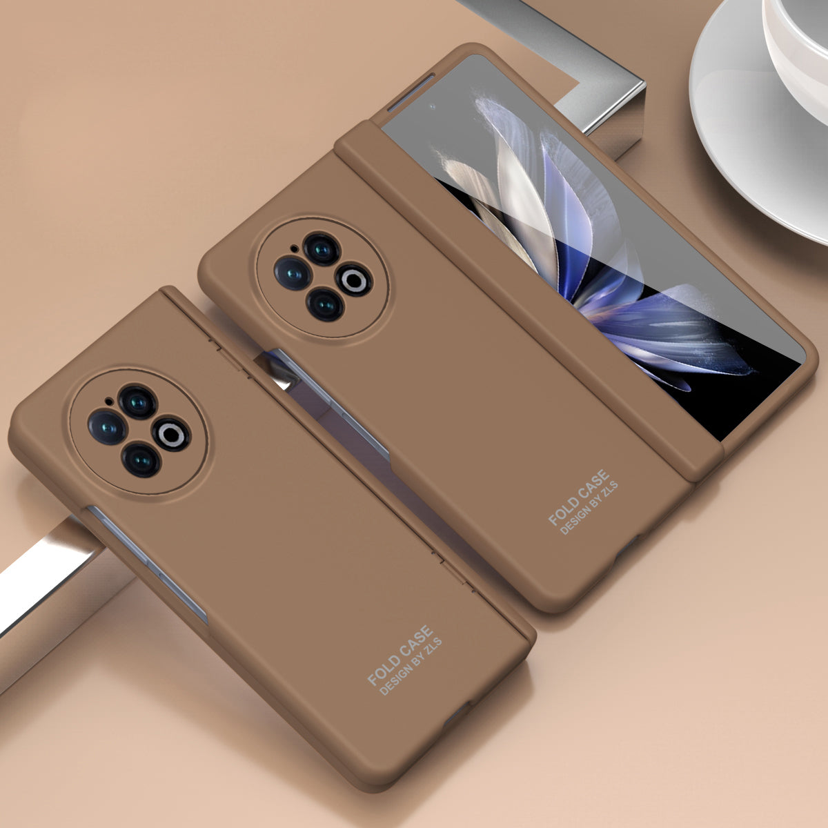 For vivo X Fold2 Case Anti-Scratch Hard PC Phone Cover with Tempered Glass Film - Brown