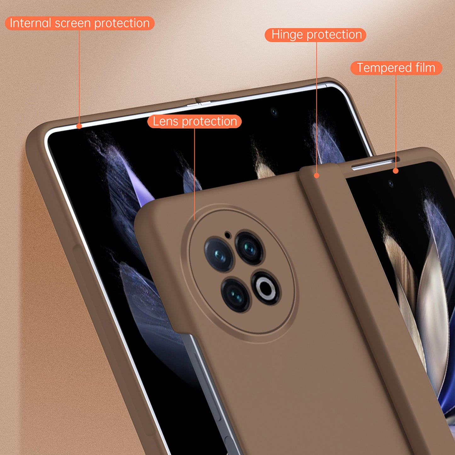 For vivo X Fold2 Case Anti-Scratch Hard PC Phone Cover with Tempered Glass Film - Brown