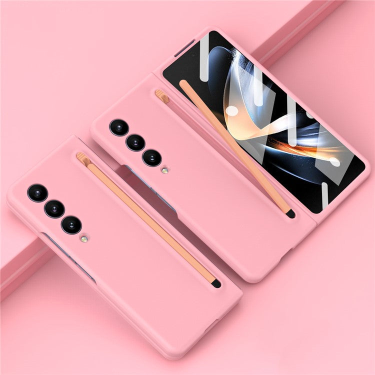 For Samsung Galaxy Z Fold5 5G Case with Stylus / Tempered Glass Film Hard PC Phone Protector - Pink+Pink Stylus