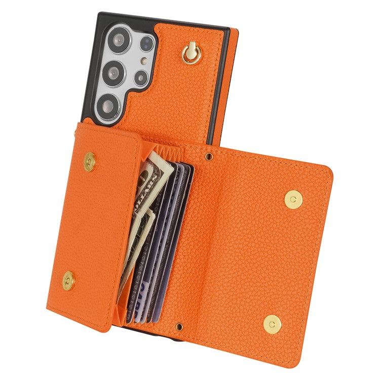 For Samsung Galaxy S23 Ultra Case Card Holder Shell Leather+TPU Cover with Shoulder Strap - Orange