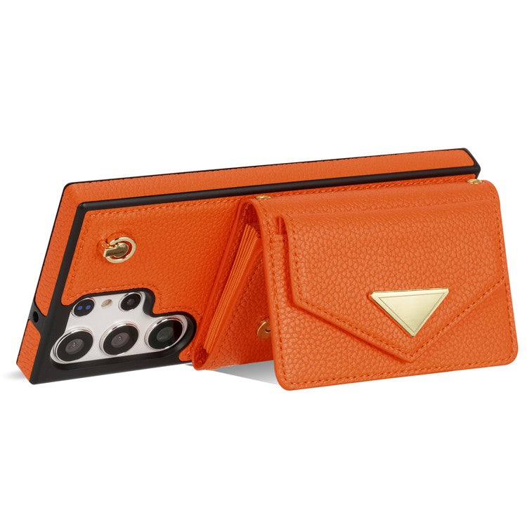 For Samsung Galaxy S23 Ultra Case Card Holder Shell Leather+TPU Cover with Shoulder Strap - Orange