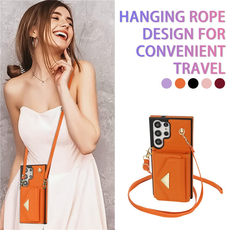 For Samsung Galaxy S23 Ultra Case Card Holder Shell Leather+TPU Cover with Shoulder Strap - Orange