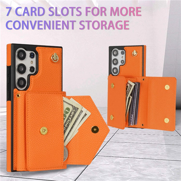 For Samsung Galaxy S23 Ultra Case Card Holder Shell Leather+TPU Cover with Shoulder Strap - Orange