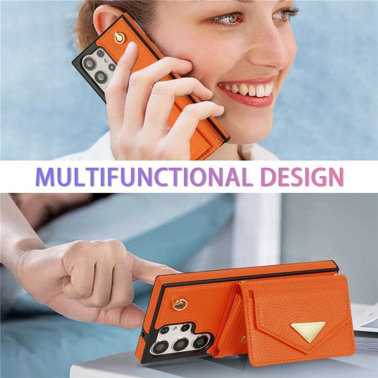 For Samsung Galaxy S23 Ultra Case Card Holder Shell Leather+TPU Cover with Shoulder Strap - Orange