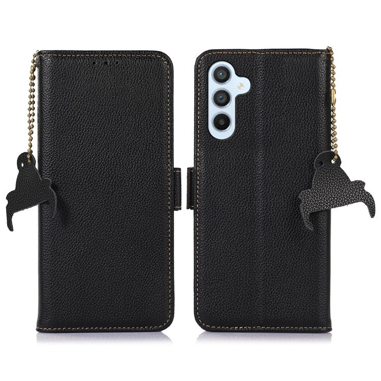 For Samsung Galaxy A15 4G Case Genuine Cow Leather RFID Blocking Wallet Phone Cover - Black