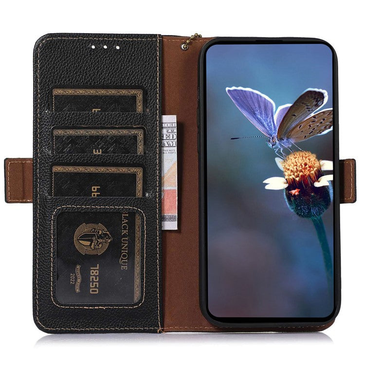 For Samsung Galaxy A15 4G Case Genuine Cow Leather RFID Blocking Wallet Phone Cover - Black