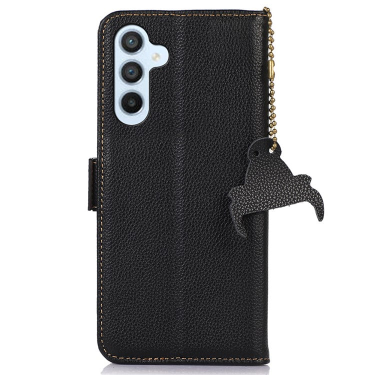 For Samsung Galaxy A15 4G Case Genuine Cow Leather RFID Blocking Wallet Phone Cover - Black