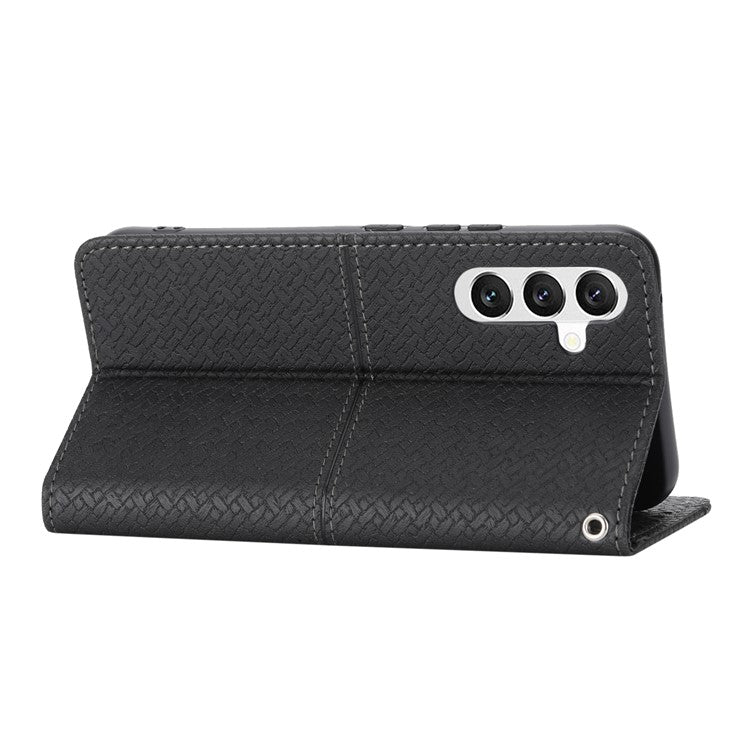 For Samsung Galaxy A25 5G (Global) (161.0 x 76.5 x 8.3mm) Case Woven Texture PU Leather Stand Phone Wallet Cover with Strap - Black