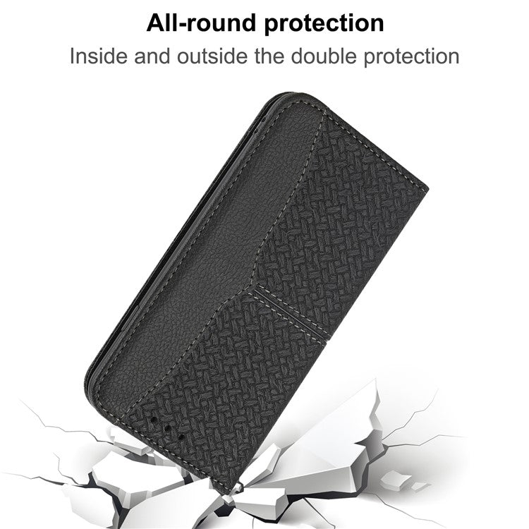 For Samsung Galaxy A25 5G (Global) (161.0 x 76.5 x 8.3mm) Case Woven Texture PU Leather Stand Phone Wallet Cover with Strap - Black