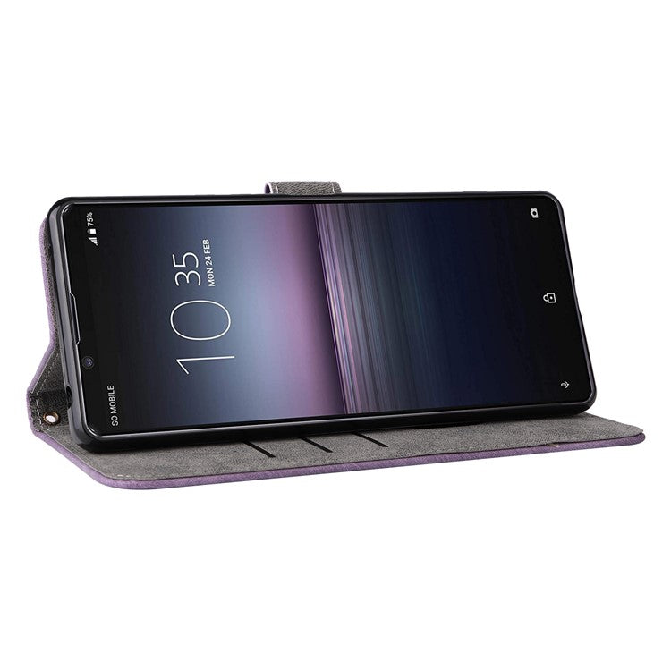 For Sony Xperia 1 II Case RFID Blocking Wallet Phone Stand Cover with Strap - Purple