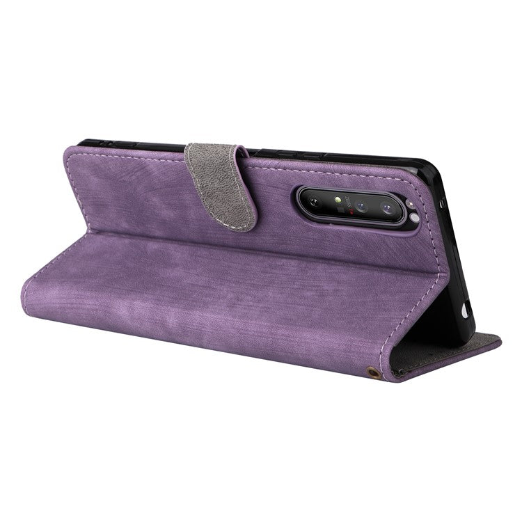 For Sony Xperia 1 II Case RFID Blocking Wallet Phone Stand Cover with Strap - Purple