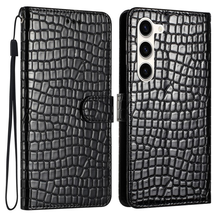 For Samsung Galaxy S25 / S24 Case Crocodile Texture Phone Leather Cover with Strap - Black