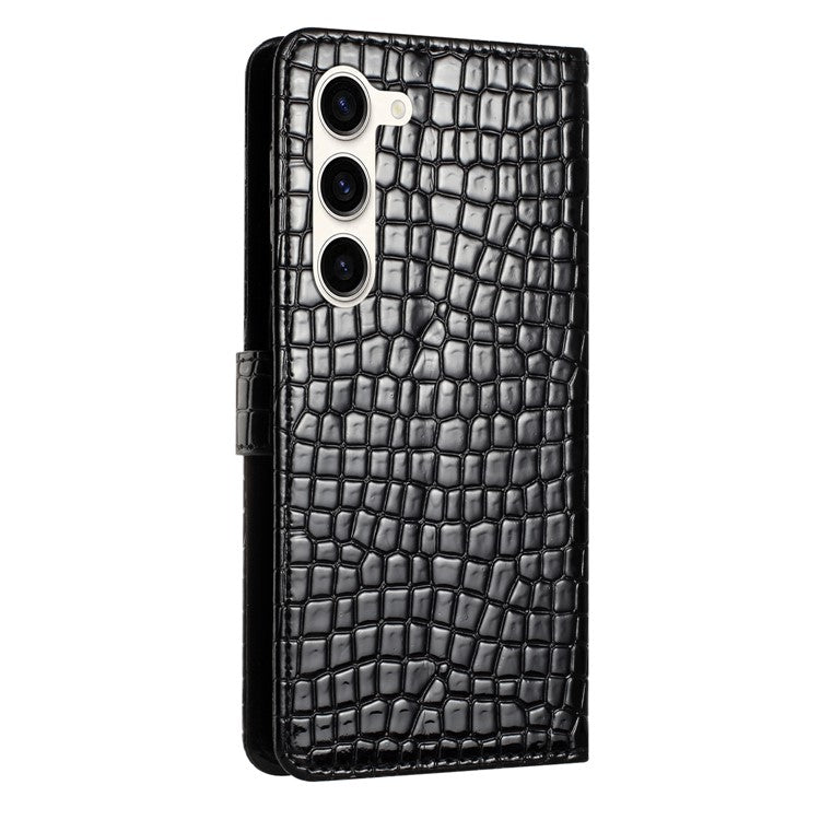 For Samsung Galaxy S25 / S24 Case Crocodile Texture Phone Leather Cover with Strap - Black