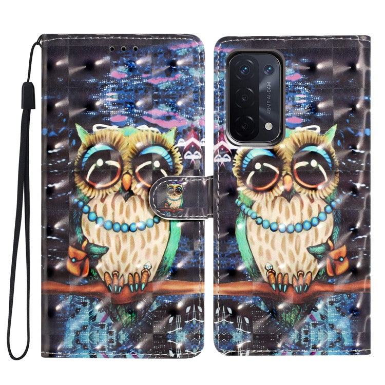 For Oppo A54 5G / A74 5G / A93 5G Case PU Leather 3D Pattern Wallet Phone Cover - Owl