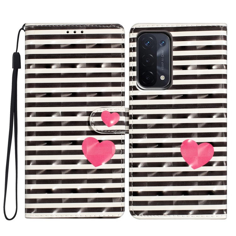 For Oppo A54 5G / A74 5G / A93 5G Case PU Leather 3D Pattern Wallet Phone Cover - Stripes / Heart