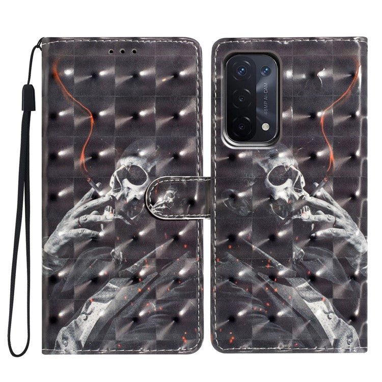 For Oppo A54 5G / A74 5G / A93 5G Case PU Leather 3D Pattern Wallet Phone Cover - Smoking Skeleton