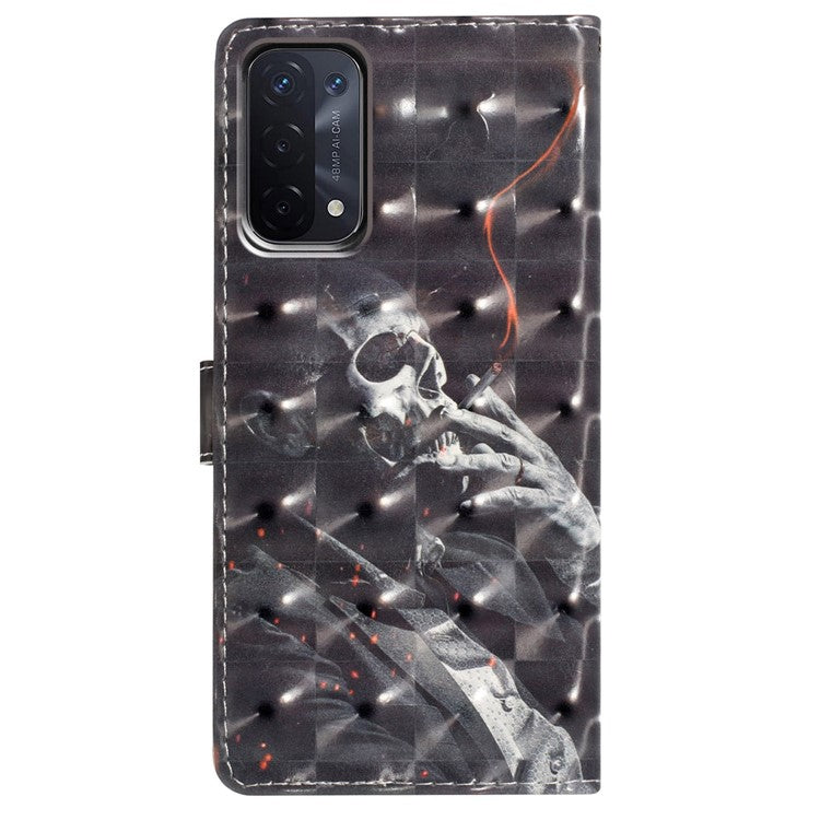 For Oppo A54 5G / A74 5G / A93 5G Case PU Leather 3D Pattern Wallet Phone Cover - Smoking Skeleton