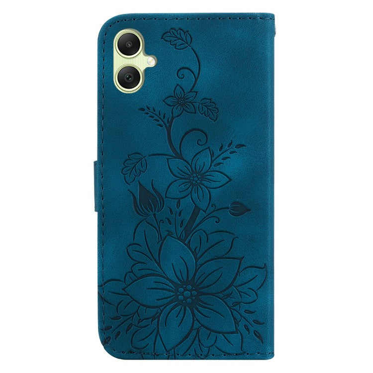 For Samsung Galaxy A05 4G Case Leather Wallet Lily Flower Imprint Phone Anti-drop Cover - Dark Blue